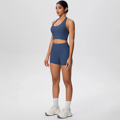 2picese Women Yoga Suit Solid Color High Waist Hip Push Up Fitness Shorts Sexy Pilates Backless Gym Hanging Neck Bra Yoga Set