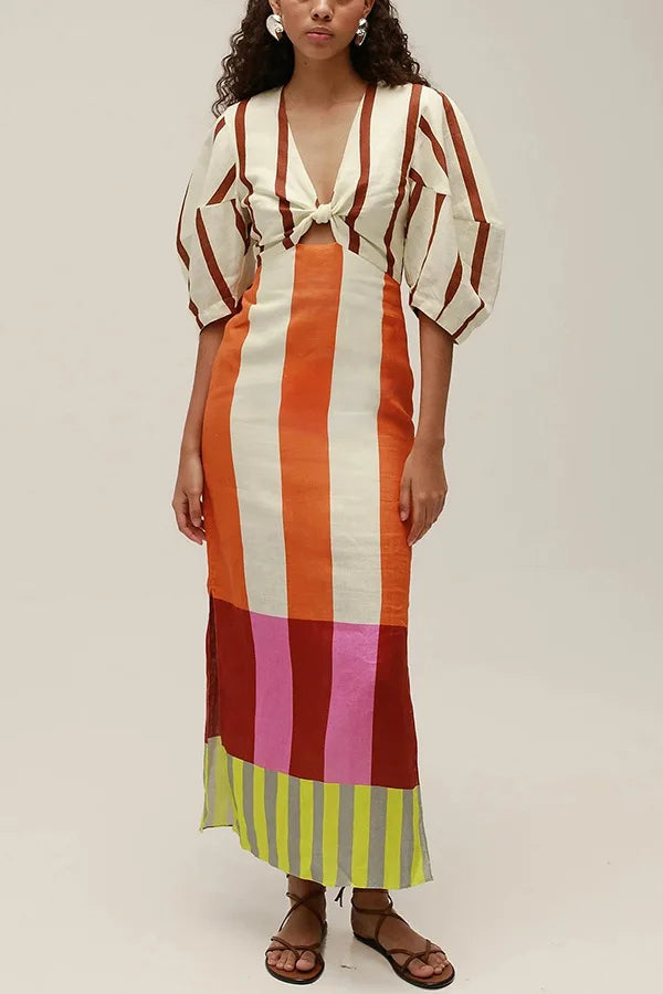 Women Linen Material Long Dresses Fashion Chic Print Sexy V-neck Hollow Out High Waist Party Dress Lady robes