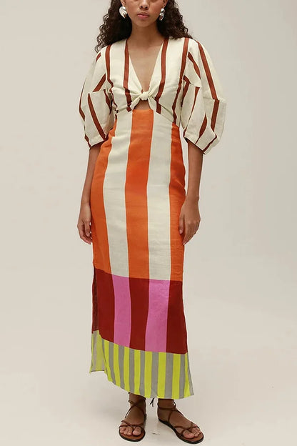 Women Linen Material Long Dresses Fashion Chic Print Sexy V-neck Hollow Out High Waist Party Dress Lady robes