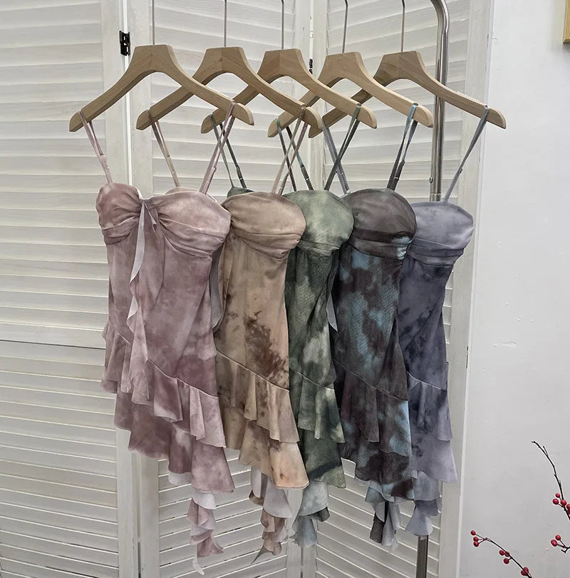 2025 Mesh Camisole for Women Stretch Casual Tie Dyeing Braless Sleeveless Adjustable Straps Asymmetrical Ruffle Tops