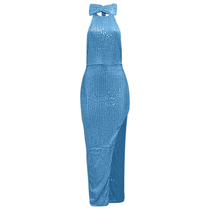 Women's Sequined Long Party Dresses Fashion Solid Color Hanging Neck Round Neck Bow Sleeveless Slit Long Dress Evening Dresses