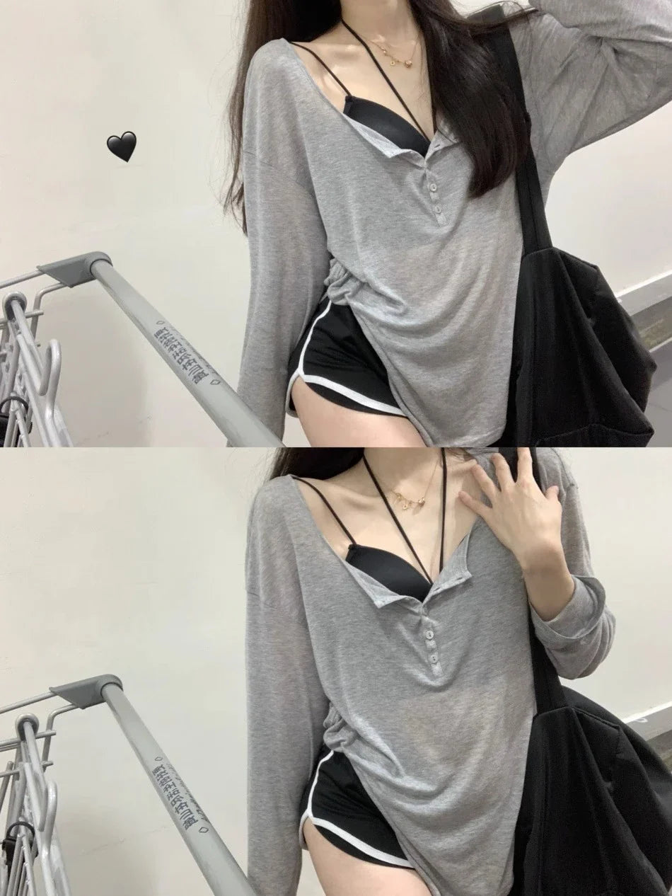 T Shirts Women Slash Neck Long Sleeve Tops Solid Stretch Women's Summer Sexy Club Tshirt Korean Loose Tees Streetwear Clothes