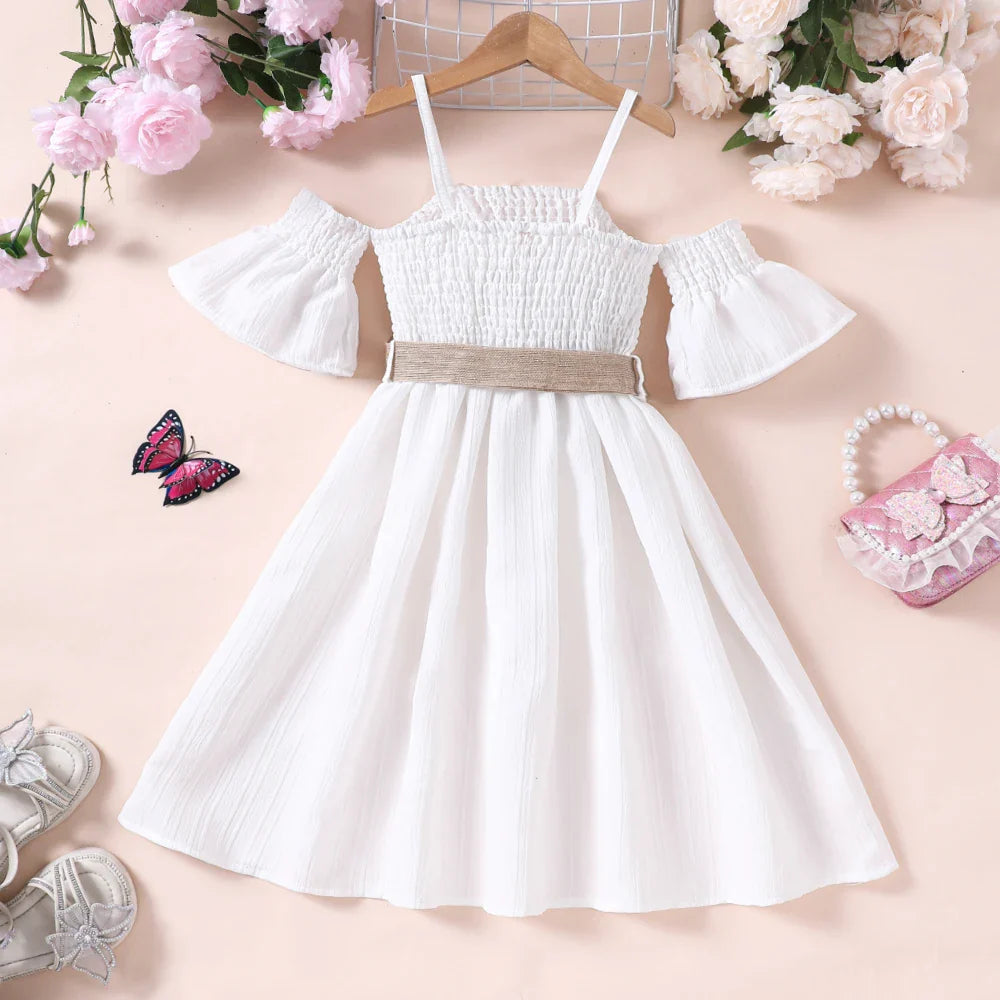 Vestido Feminino de Verão Ombro a Ombro Cinto Cor Sólida