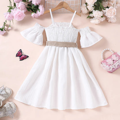 Vestido Feminino de Verão Ombro a Ombro Cinto Cor Sólida