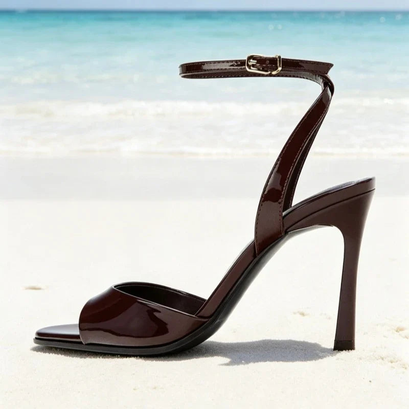 Elegant Burgundy Patent Leather High-heel Sandals Women Fashion Square Toe Stiletto Designer Shoes Sexy Open-toe Slingback Heels