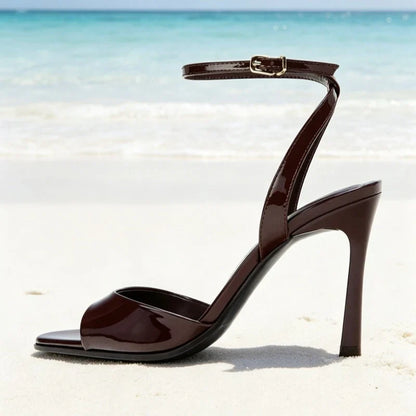 Elegant Burgundy Patent Leather High-heel Sandals Women Fashion Square Toe Stiletto Designer Shoes Sexy Open-toe Slingback Heels