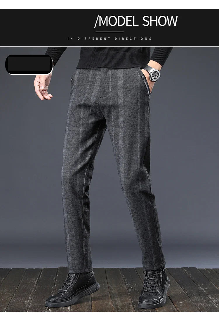 Autumn New Men's Slim Casual Pants  Fashionable Fit Elastic Business Pants High Quality Stripe Classic 3-colors Male Trousers