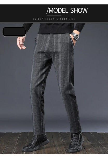 Autumn New Men's Slim Casual Pants  Fashionable Fit Elastic Business Pants High Quality Stripe Classic 3-colors Male Trousers