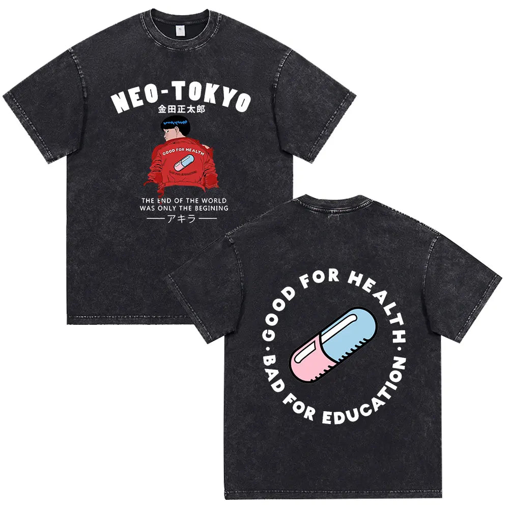 Japanese Anime Akira Washed Vintage T Shirt Science Fiction Cartoon Movie Shotaro Kaneda T-shirt Men Women Cotton Casual T-shirt