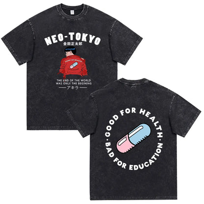 Japanese Anime Akira Washed Vintage T Shirt Science Fiction Cartoon Movie Shotaro Kaneda T-shirt Men Women Cotton Casual T-shirt
