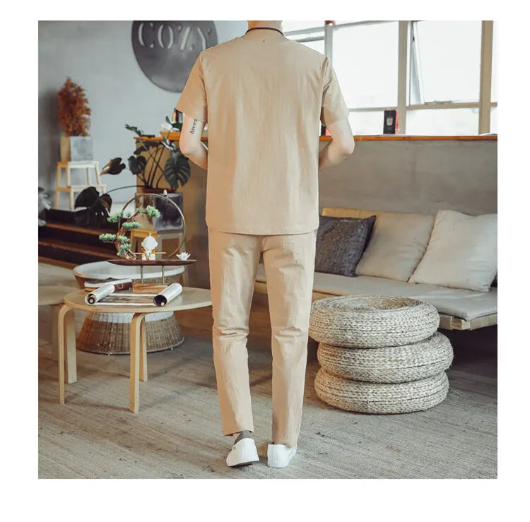 (Shirt + trousers) 2025 summer Chinese Style men shirt Cotton and linen shirts men's High quality casual shirts Two Piece M-5XL