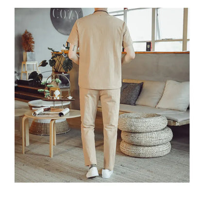 (Shirt + trousers) 2025 summer Chinese Style men shirt Cotton and linen shirts men's High quality casual shirts Two Piece M-5XL