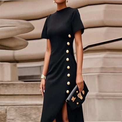 Wedding Black Dresses for Women Gold Button Clothes Asymmetrical 2025 Summer Woman Short Sleeves Party Maxi Dresses