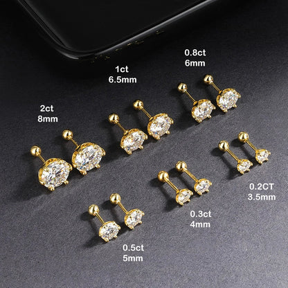 0.2/0.5/2ct D Color Moissanite Screw Stud Earrings for Women Men Silver 925 Plated 18K Pass Diamond Test 6 Prong Earring