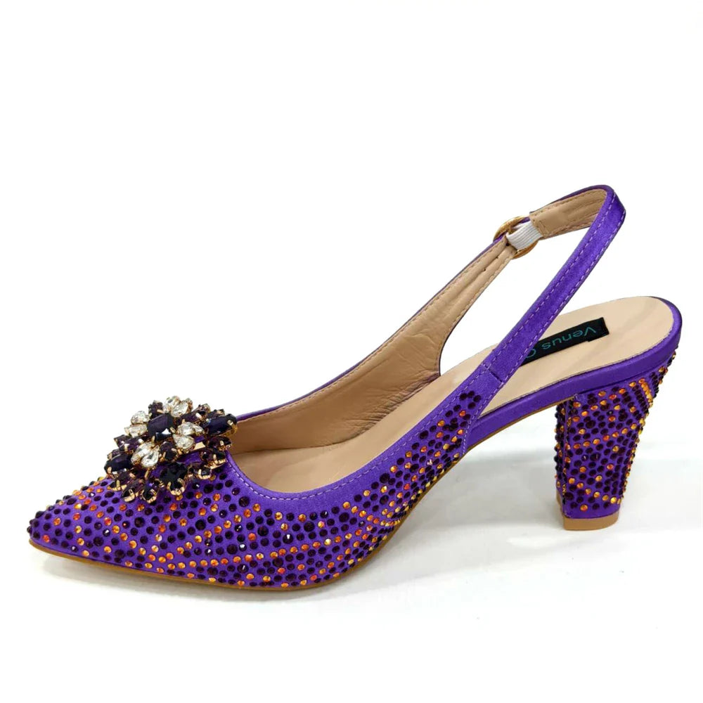 INS Style Green Party Shoe and Bag Set in Women Pointed-Toe Rhinestone High Heels Elegant African Ladies Shoes