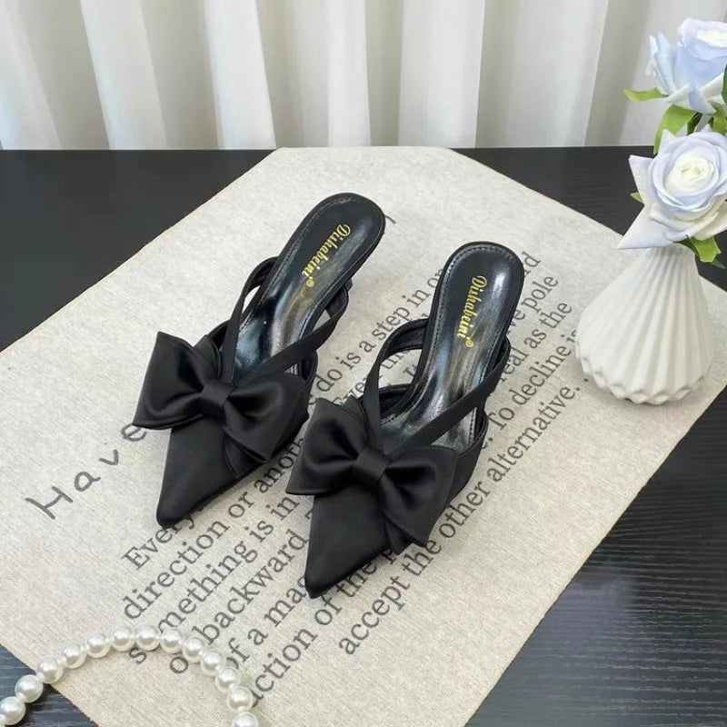 Fairy Style Pink Cool Slippers for Women's Summer 2024 French Pointed Bow Hollow High Heels, Half Wrapped Women's Slippers