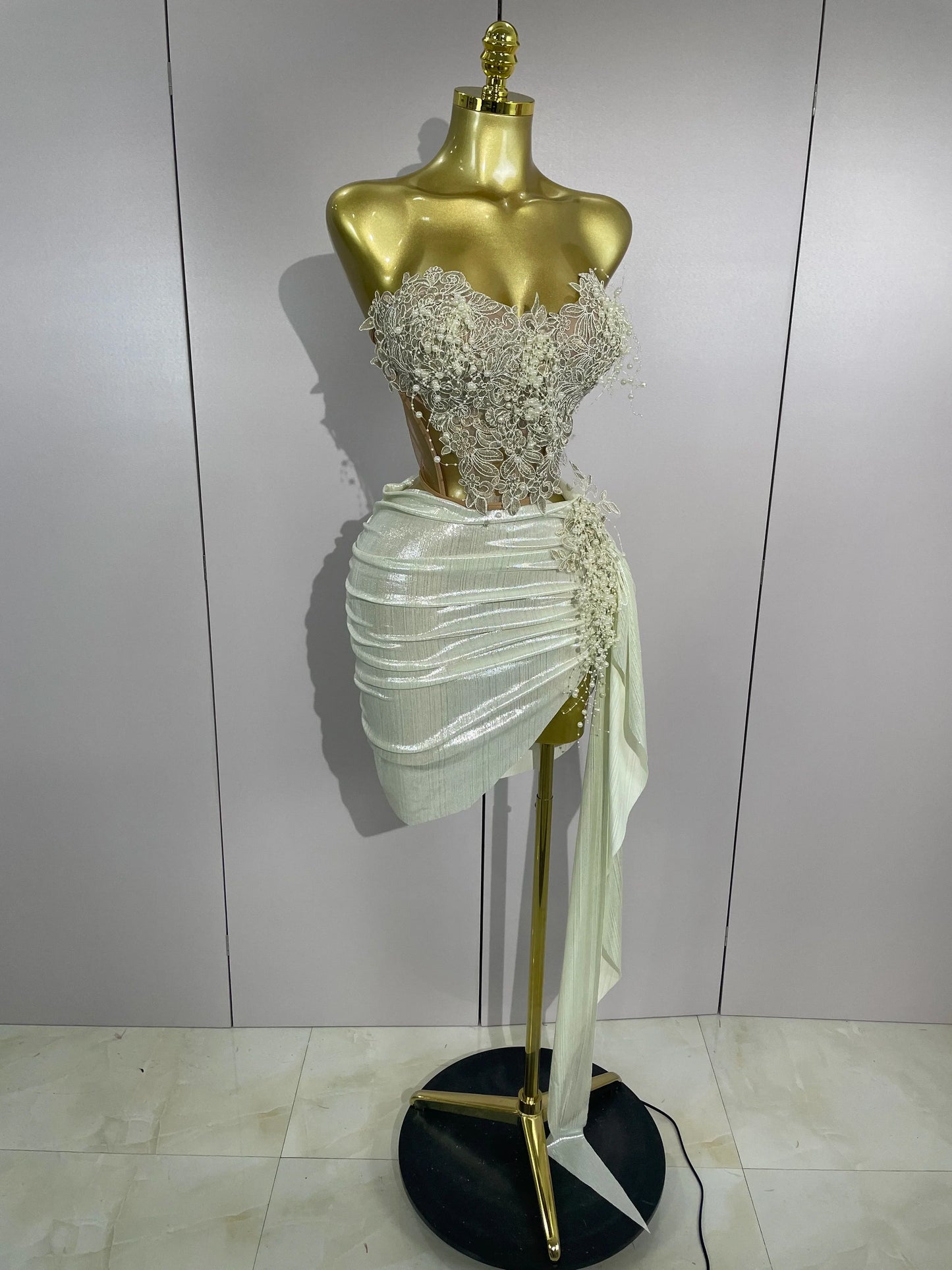 Luxury Shining Pearls Sexy Asymmetrical Skirt 2 PCS Set 2025 Women Evening Birthday Party Stage Dancer Performance Costume