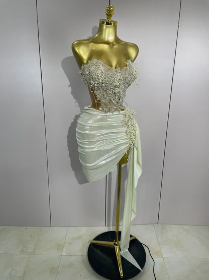 Luxury Shining Pearls Sexy Asymmetrical Skirt 2 PCS Set 2025 Women Evening Birthday Party Stage Dancer Performance Costume