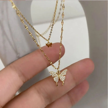 Korean Trend Love Butterfly Clavicle Chain For Women Shiny Multilayered Heart Necklace Collarbone Chain Valentine's Day Gifts
