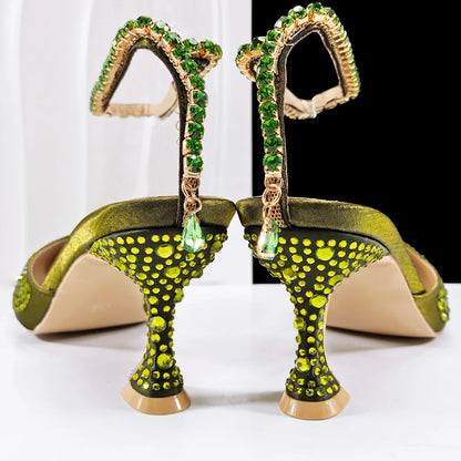 African popular pointed toe shoes anklet design and metal handle soft small bag high heels party shoes for women