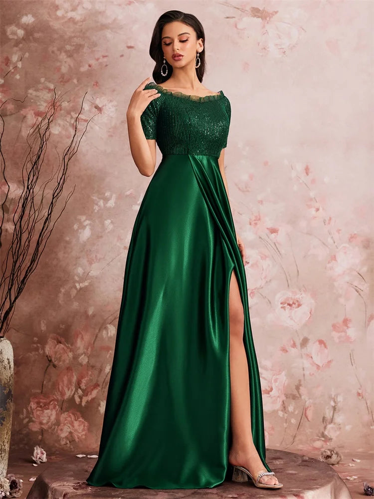 Luxury Green Sequins Off-shoulder Evening Dress 2025 Women Satin Wedding Party Prom Floor Lenght Cocktail Graduation Gown