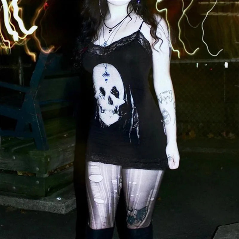 Streetwear Anime Skull Print Straps Mini Dress Fairy Lace Stitch Club Outfits Slim Sexy Bodycon Dresses Mall Gothic
