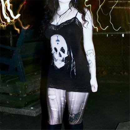 Streetwear Anime Skull Print Straps Mini Dress Fairy Lace Stitch Club Outfits Slim Sexy Bodycon Dresses Mall Gothic