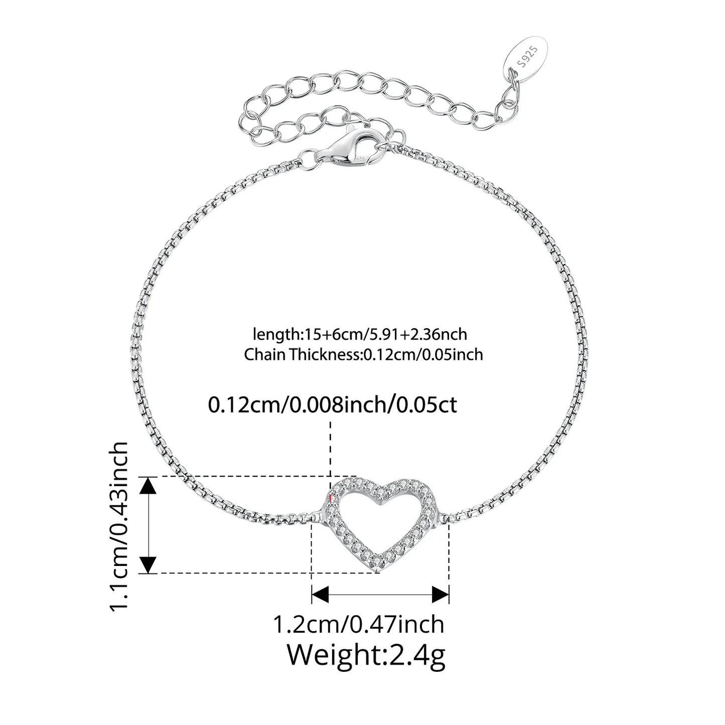 925 Sterling Silver Hollowed Heart Moissanite Bracelet Adjustable Knot Wrist Chain for Women Teen Minimalist Love Gift