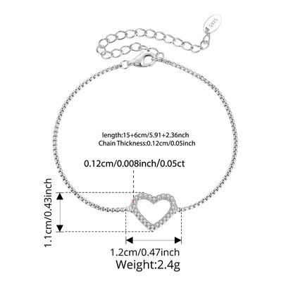 925 Sterling Silver Hollowed Heart Moissanite Bracelet Adjustable Knot Wrist Chain for Women Teen Minimalist Love Gift