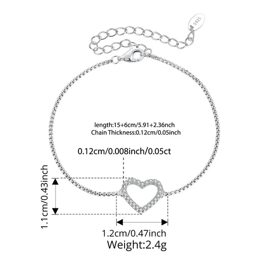 925 Sterling Silver Hollowed Heart Moissanite Bracelet Adjustable Knot Wrist Chain for Women Teen Minimalist Love Gift
