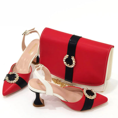 Italian Design Leather Colorblock Pointed Toe High Heel Women's Sandals Fashion Everyday Matching Shoes and Bag Sets