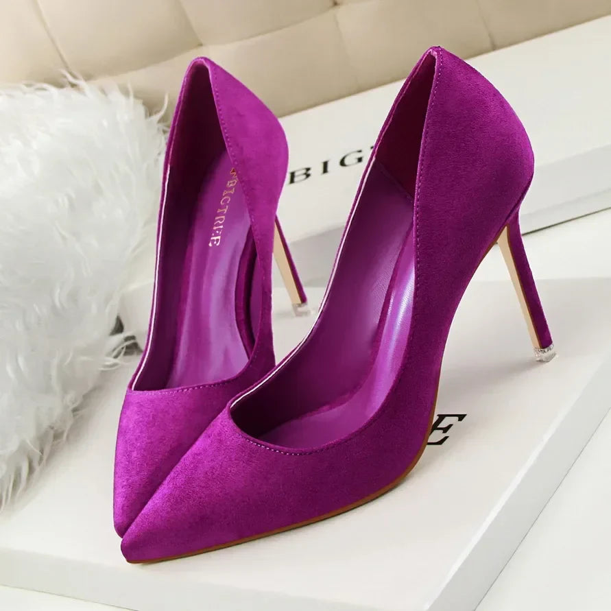 Women Elegant Flock Orange Purple Evening Banquet Party Pumps Lady Classic Scarpin New Burgundy 9cm High Heels Shoes Plus Size