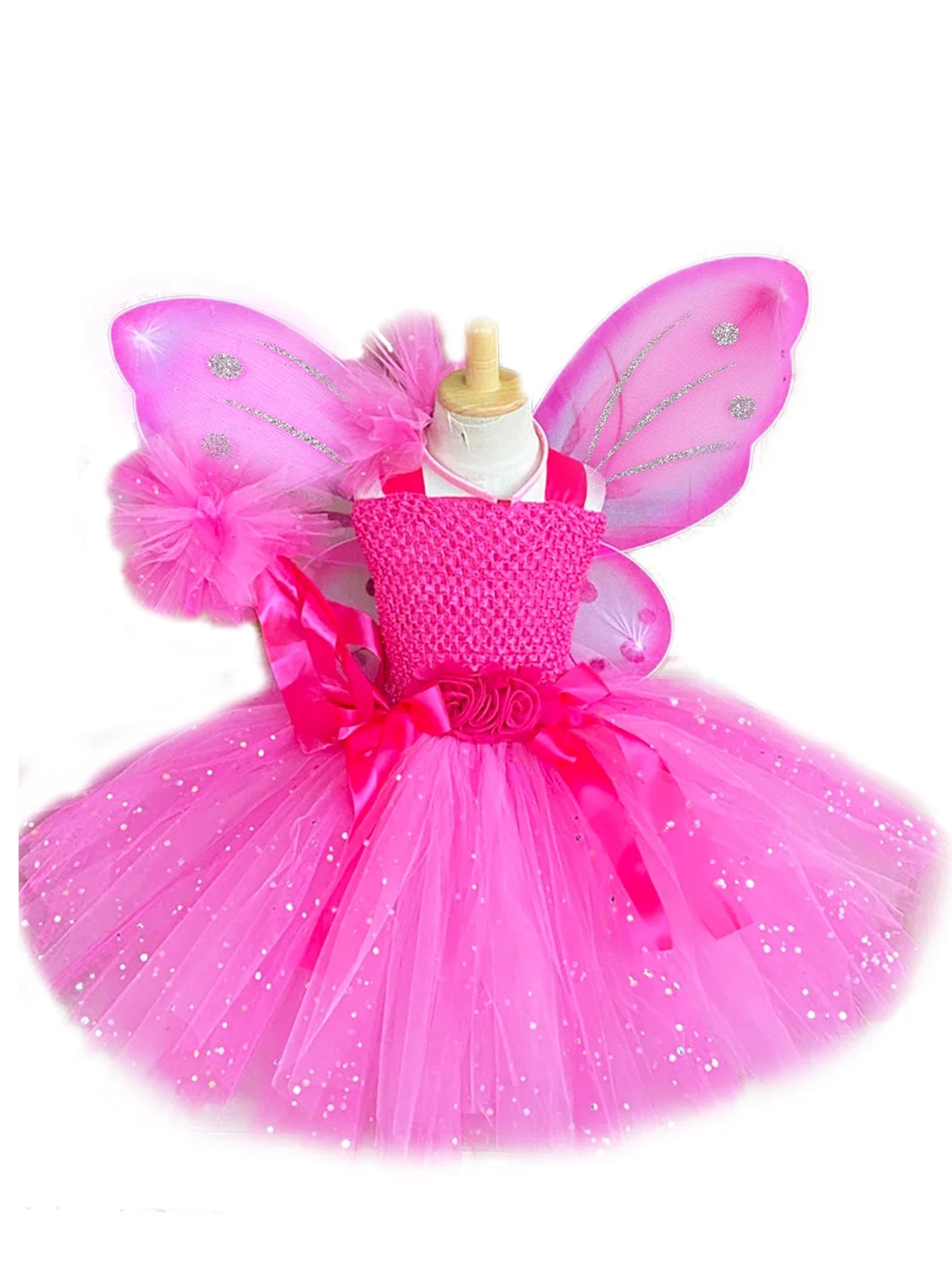Girls Pink Glitter Tulle Dress Kids Butterfly Fairy Tutu Dresses with Wing and Stick Hairbow Children Halloween Cosplay Costume