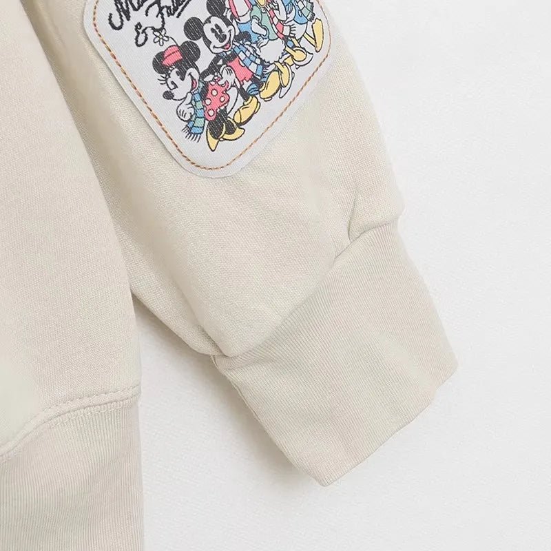 Mickey Mouse Family Patch Letter Cartoon Print Fleece Sweatshirt Jacket Unisex Women Hooded Zip Up Jumper Tops