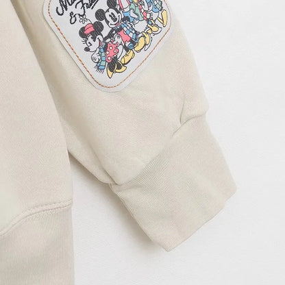 Mickey Mouse Family Patch Letter Cartoon Print Fleece Sweatshirt Jacket Unisex Women Hooded Zip Up Jumper Tops