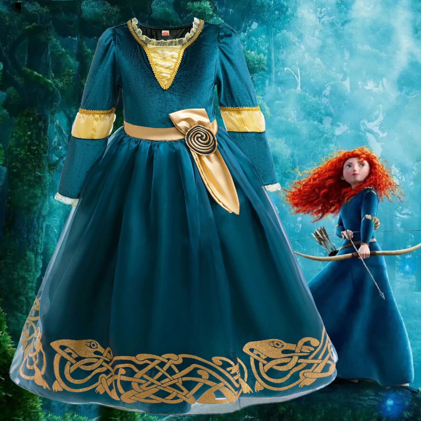 Girl Cosplay Brave the Heart Princess Merida Long Sleeves Dress Belt Set Holiday Party Carnival Party Stage Outfits Dress
