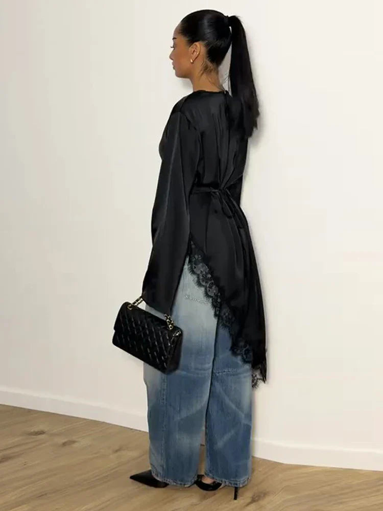 Women's Satin Blouse With Lace Trim Fashion O-neck Long Sleeve Lace Up Waist Irregular Tops 2026 Spring New Chic Lady Streetwear