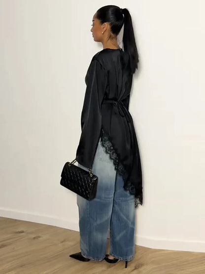 Women's Satin Blouse With Lace Trim Fashion O-neck Long Sleeve Lace Up Waist Irregular Tops 2026 Spring New Chic Lady Streetwear