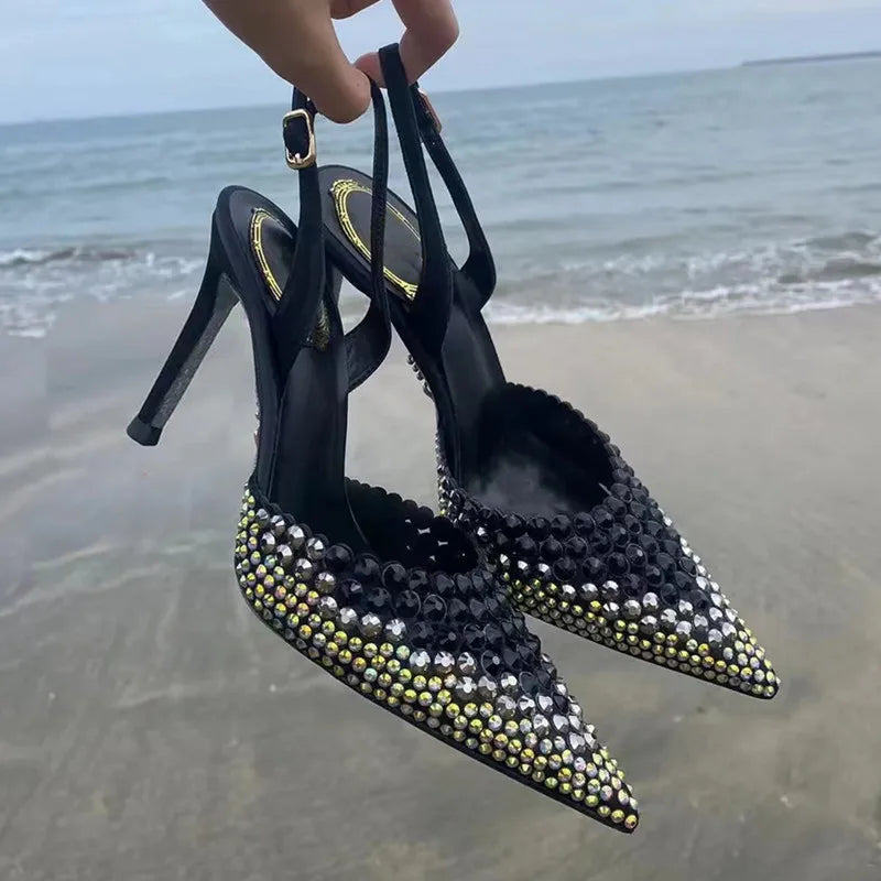 Rhinestones Gradient Slingbacks Women Pumps Fashion Bling Crystal Banquet Stiletto High Heels Fashion Party Prom Shoes