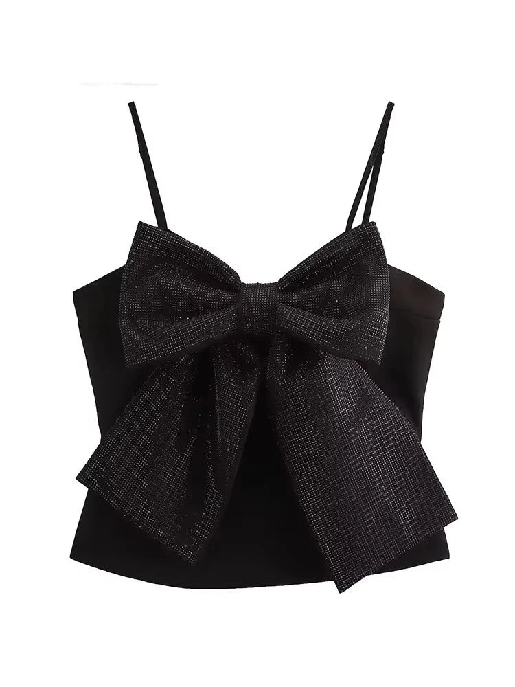 Sequined Bow Women Sling Top Sexy Backless Crop Top Pleated Zippers Female Tank Tops 2025 Spring Lady Streetwear Tops