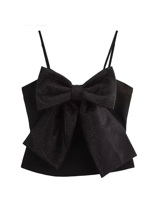 Sequined Bow Women Sling Top Sexy Backless Crop Top Pleated Zippers Female Tank Tops 2025 Spring Lady Streetwear Tops