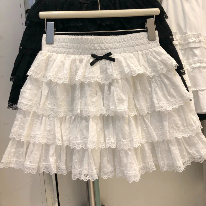 Women Tiered Ruffle Lace Mini Skirts with Bow Built-in Shorts Miniskirt Y2K Sweet Kawaii Lolita Cake Skirt Spring Summer 2026