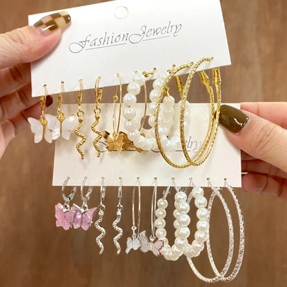 5pcs Set Creativity Snake Shape Acrylic Butterfly Pearl Dangle Earring Set for Women Fashion Hoop Earring Jewelry Accessories