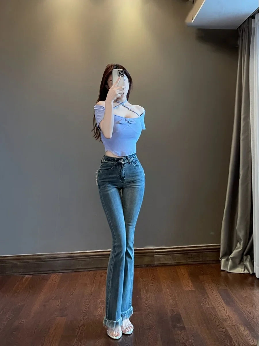 Tassel Flare Pants Jeans 2023 New Slim High Waist Elastic Horseshoe Pants Denim Trousers Fashion Women sexy K5BG