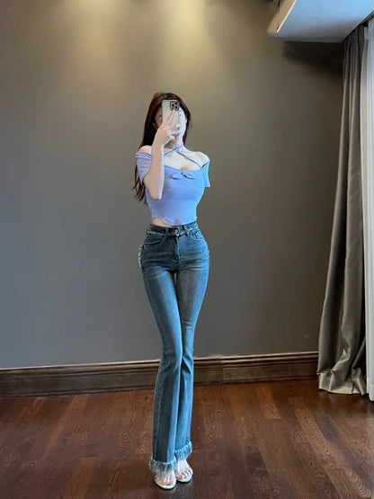 Tassel Flare Pants Jeans 2023 New Slim High Waist Elastic Horseshoe Pants Denim Trousers Fashion Women sexy K5BG