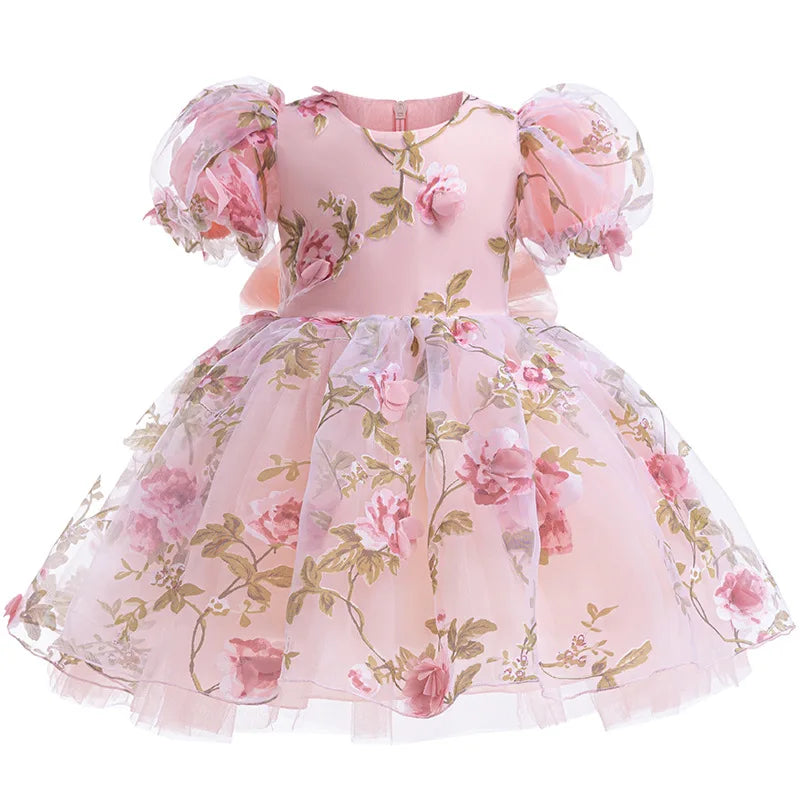 Girls 3D Rose Bubble Sleeves Princess Dress New Children's Fashion Lace Dress Carnival Birthday Party Performance Clothing