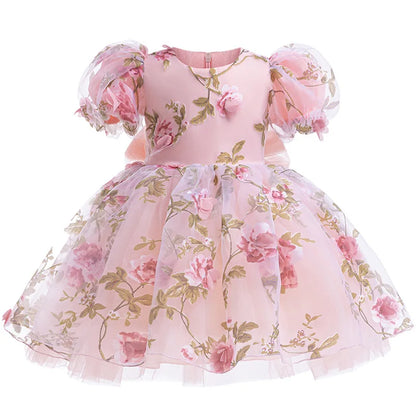 Girls 3D Rose Bubble Sleeves Princess Dress New Children's Fashion Lace Dress Carnival Birthday Party Performance Clothing