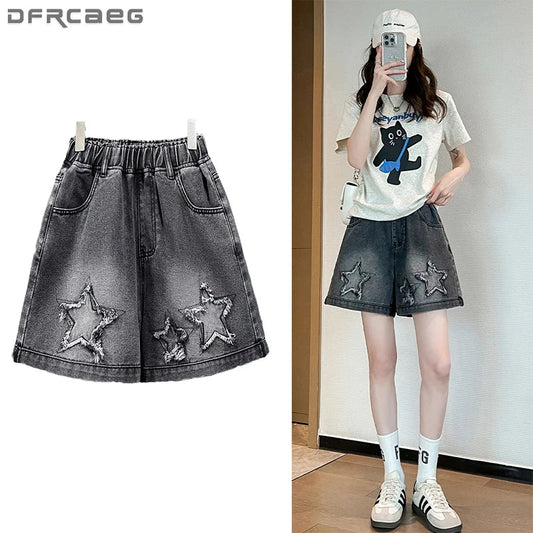 L-6XL Plus Size Denim Shorts For Women Summer 2025 High Waist Black Loose Wide Leg Short Jeans Women Star Large Size Short Jeans