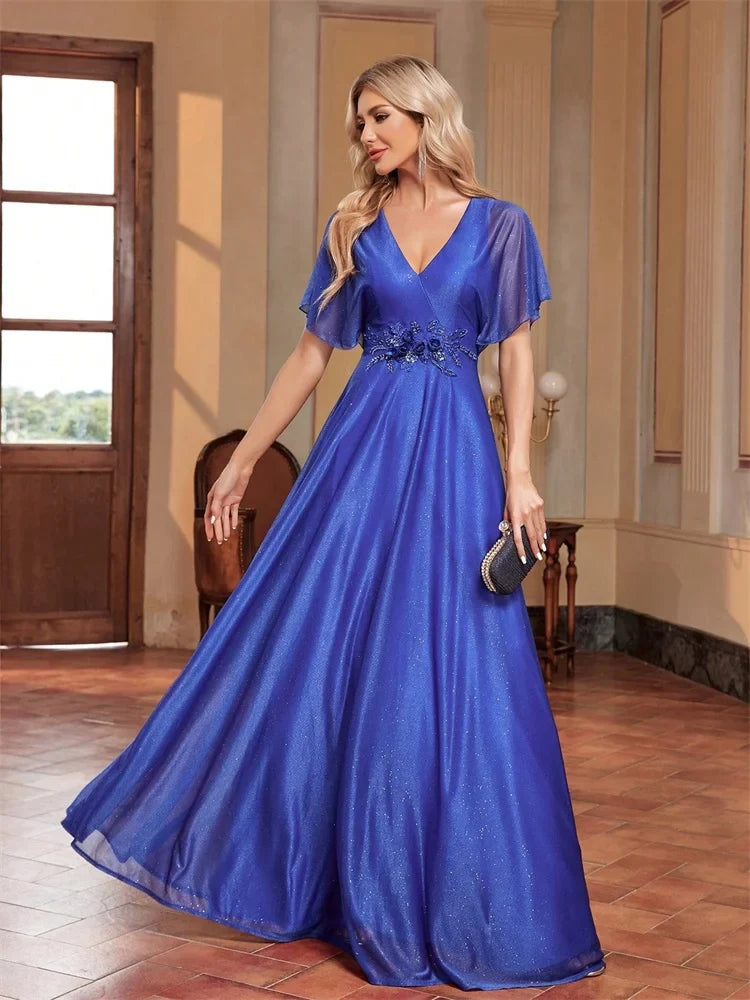 Elegant Royal V-neck Formal Evening Dress 2025 Women Short Sleeves Applique Wedding Party Dresses Long Gowns