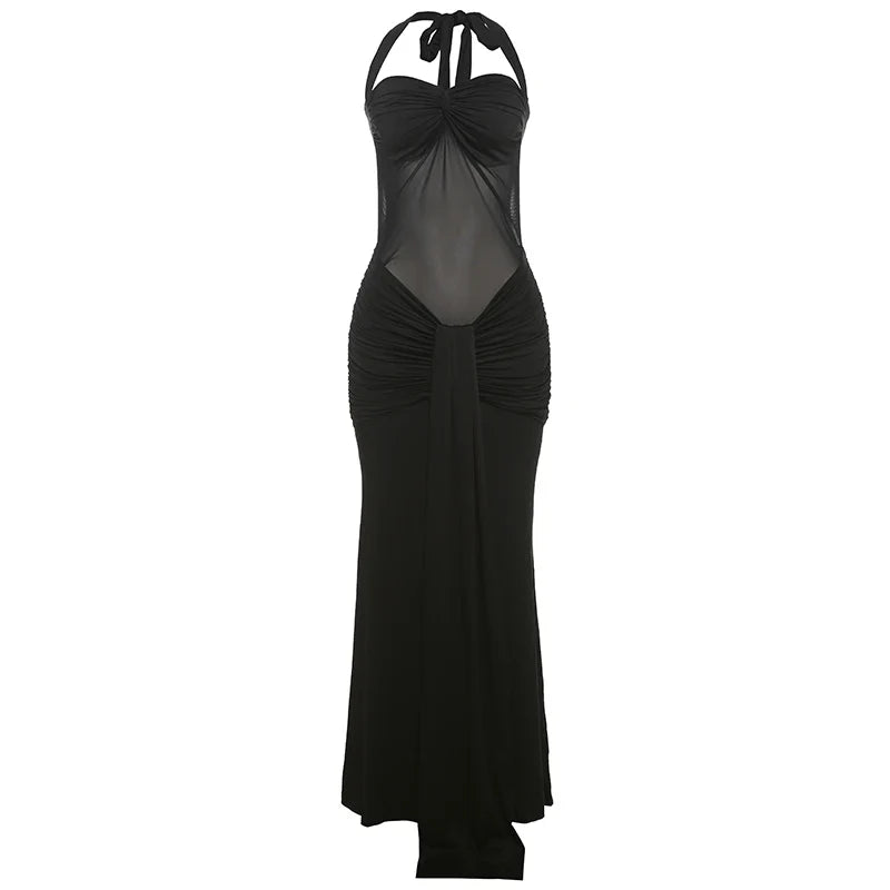 Mesh Patchwork Dress Women Summer Trend Off Shoulder Backless Ruched Ribbon Midnight Prom Party Hipster Vestidos